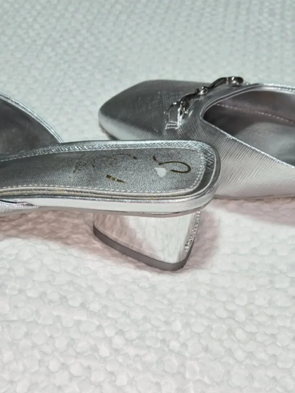 Sam Edelman Silver Metallic Square Toe Mule Heels Horsebit Block Heel Size 7 - Picture 4 of 10